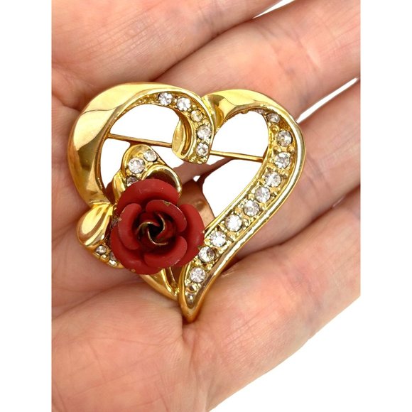 Heart Brooch Pin Gold Tone Red Ceramic Rose Clear Rhinestones Shiny Roll Tab Arm - Picture 3 of 13